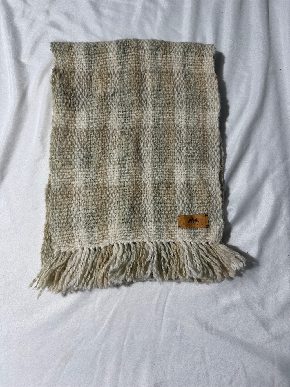 housand Acre Woods Rustic Neutral Plaid Woven Fringe Scarf Beige Cream Gray Boho